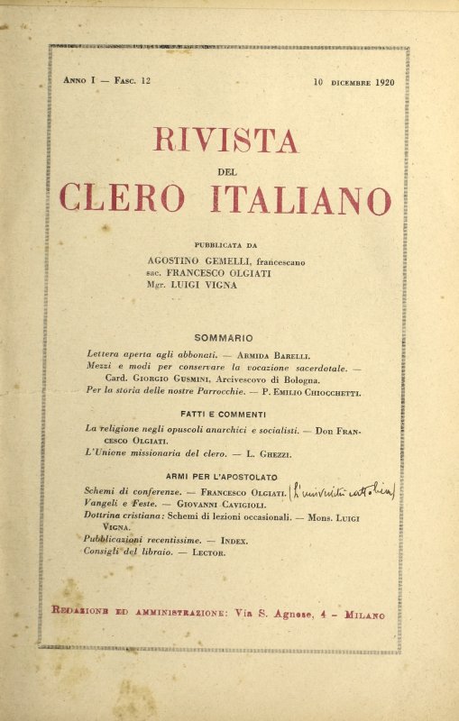 LA RIVISTA DEL CLERO ITALIANO - 1920 - 12