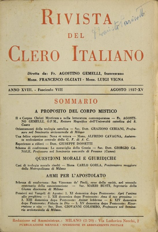 LA RIVISTA DEL CLERO ITALIANO - 1937 - 8