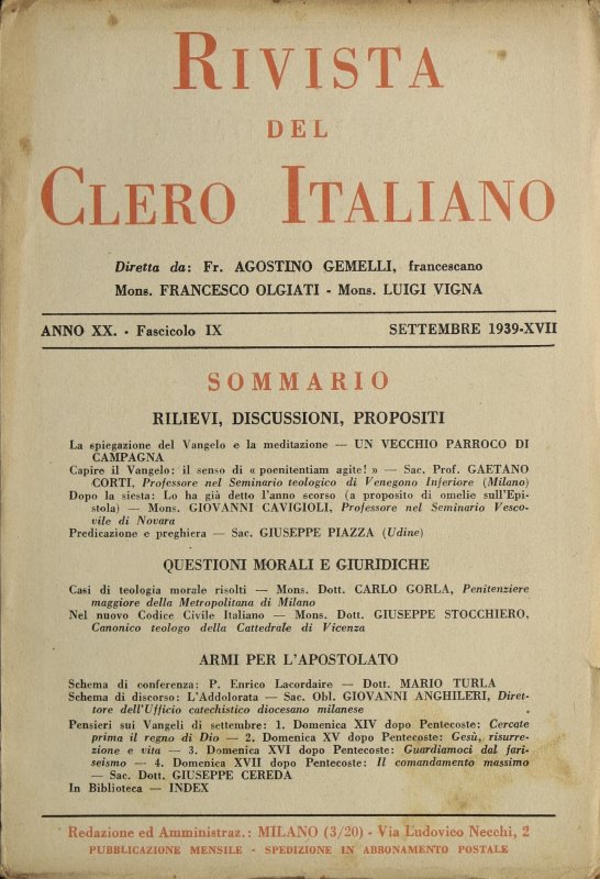 LA RIVISTA DEL CLERO ITALIANO - 1939 - 9