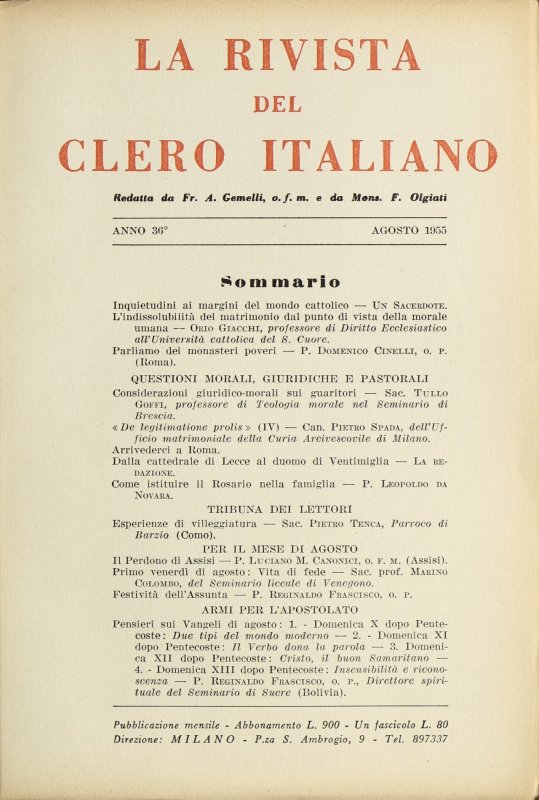 LA RIVISTA DEL CLERO ITALIANO - 1955 - 8
