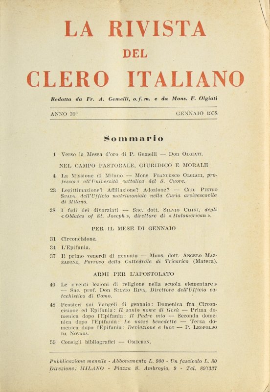 LA RIVISTA DEL CLERO ITALIANO - 1958 - 1