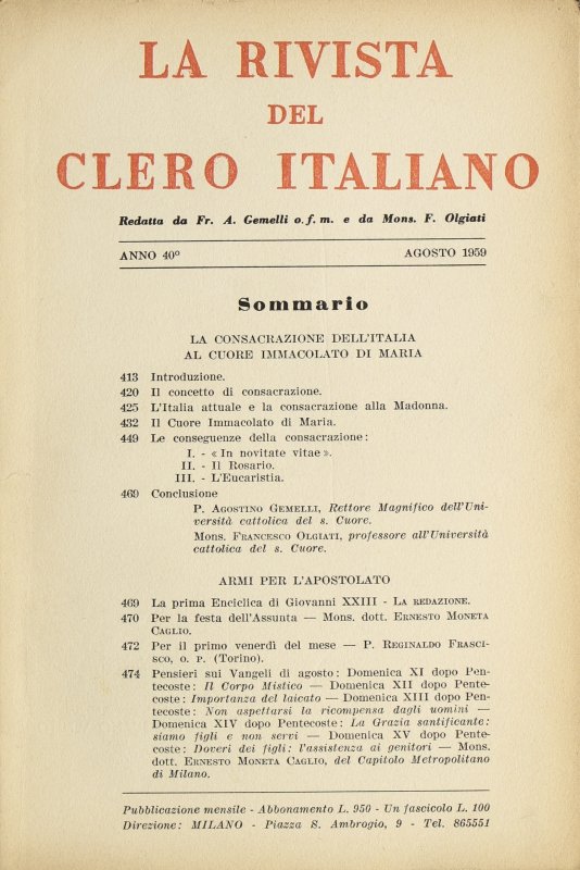 LA RIVISTA DEL CLERO ITALIANO - 1959 - 8