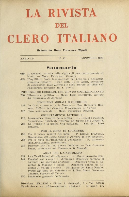 LA RIVISTA DEL CLERO ITALIANO - 1960 - 12