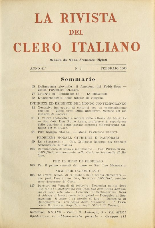 LA RIVISTA DEL CLERO ITALIANO - 1960 - 2