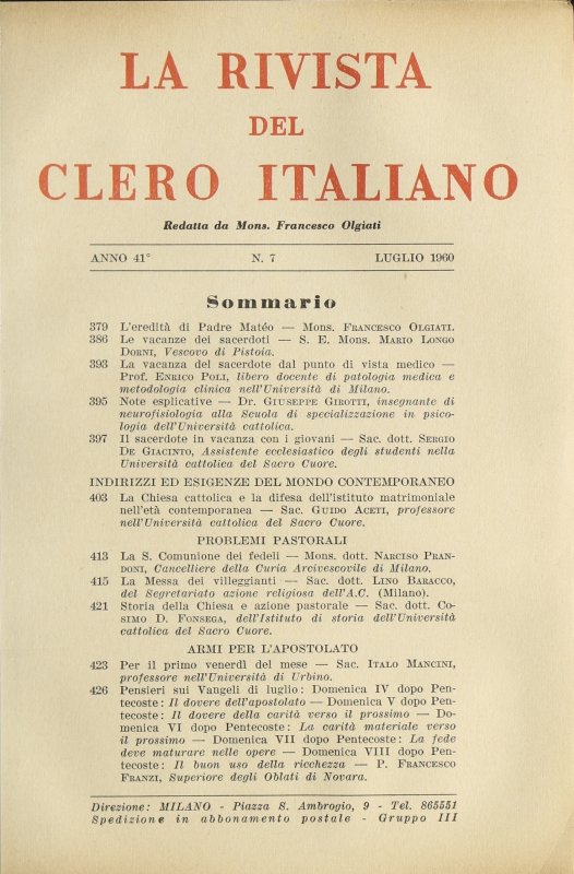 LA RIVISTA DEL CLERO ITALIANO - 1960 - 7