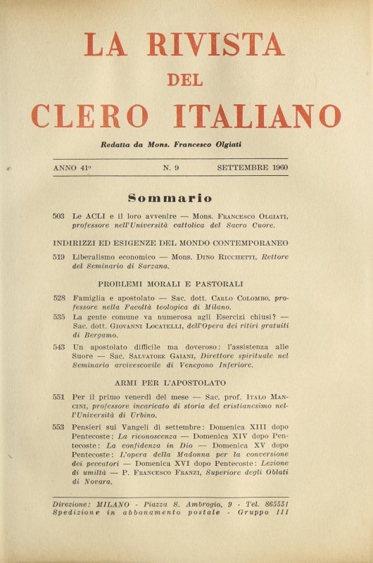 LA RIVISTA DEL CLERO ITALIANO - 1960 - 9