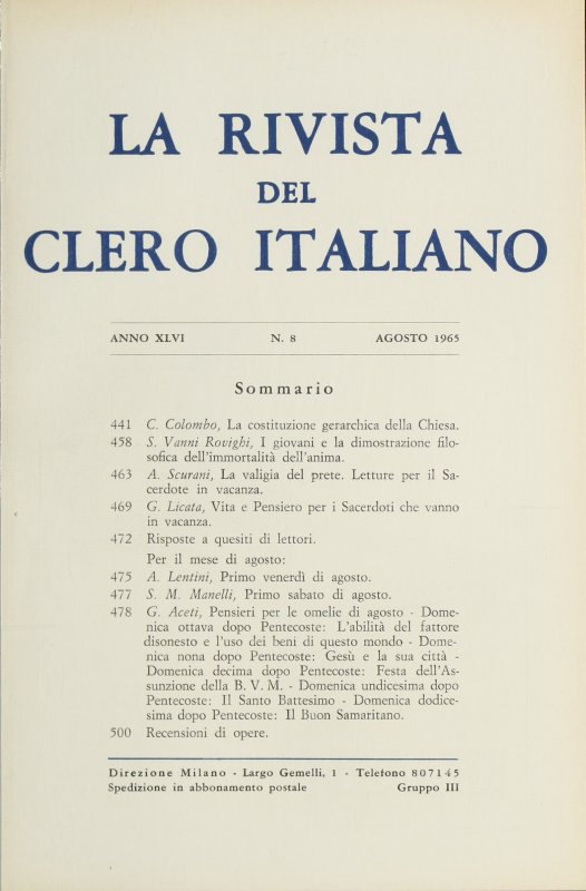 LA RIVISTA DEL CLERO ITALIANO - 1965 - 8