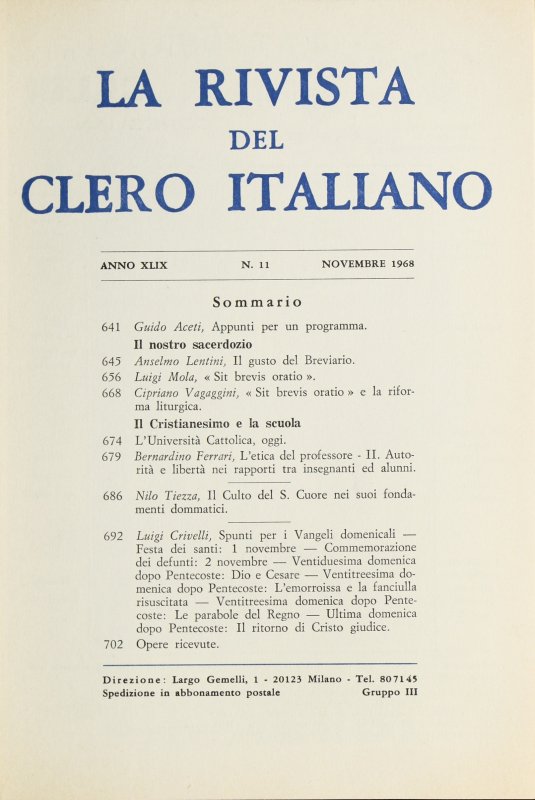 LA RIVISTA DEL CLERO ITALIANO - 1968 - 11