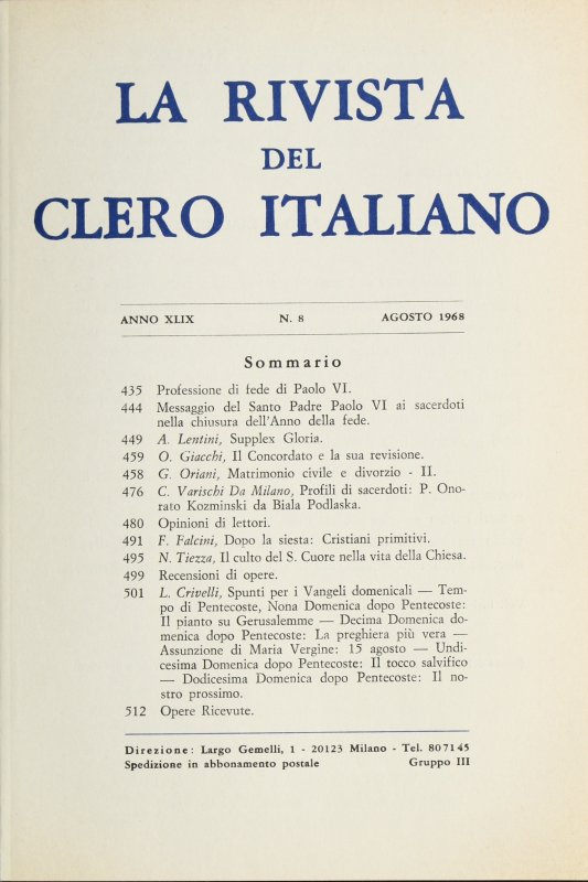LA RIVISTA DEL CLERO ITALIANO - 1968 - 8