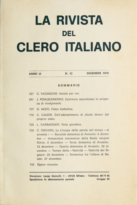 LA RIVISTA DEL CLERO ITALIANO - 1970 - 12