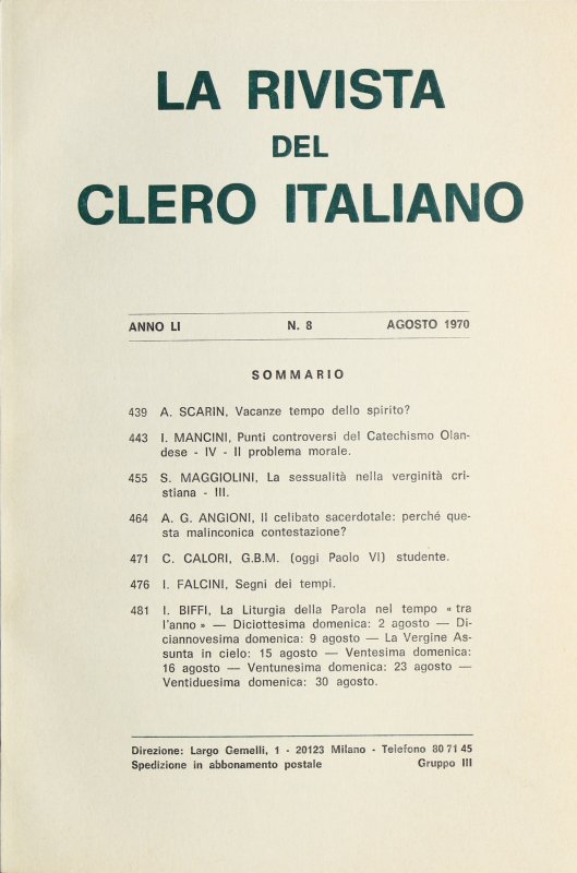 LA RIVISTA DEL CLERO ITALIANO - 1970 - 8