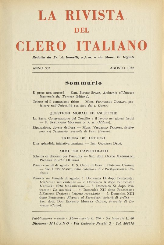 LA RIVISTA DEL CLERO ITALIANO - 1952 - 8