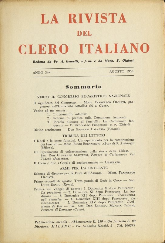 LA RIVISTA DEL CLERO ITALIANO - 1953 - 8