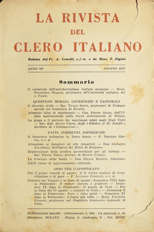 LA RIVISTA DEL CLERO ITALIANO - 1957 - 8