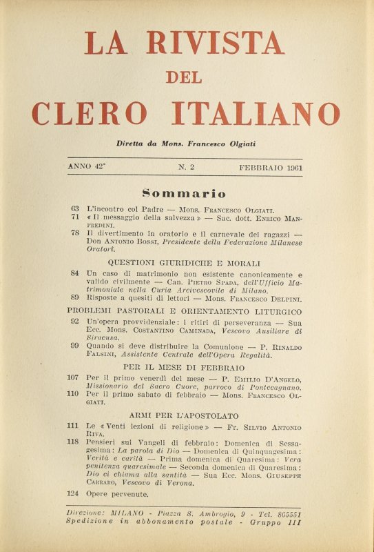 LA RIVISTA DEL CLERO ITALIANO - 1961 - 2