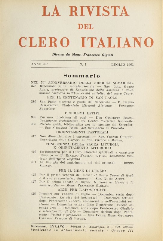 LA RIVISTA DEL CLERO ITALIANO - 1961 - 7