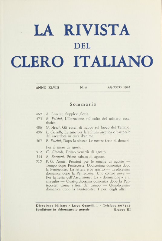 LA RIVISTA DEL CLERO ITALIANO - 1967 - 8